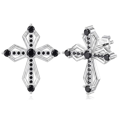 Sterling Silver Dainty Cross Earrings For Women, Christian Religious Faith Cubic Zirconia Stud Earrings - color: black zirconia