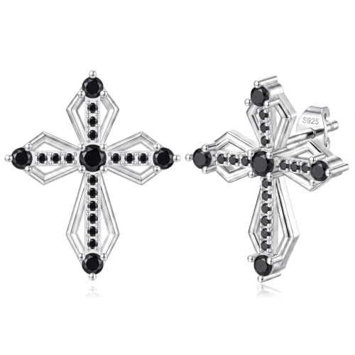 Sterling Silver Dainty Cross Earrings For Women, Christian Religious Faith Cubic Zirconia Stud Earrings - color: black zirconia