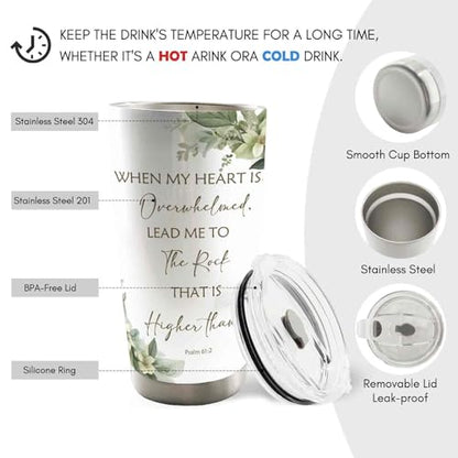 Christian 20oz Travel Coffee Mug Tumbler, Christian Religious Gifts for Women Men, When My Heart is Overwhelmed Bible Verse Stainless Steel Tumbler with Lid and Straw - color: therock
