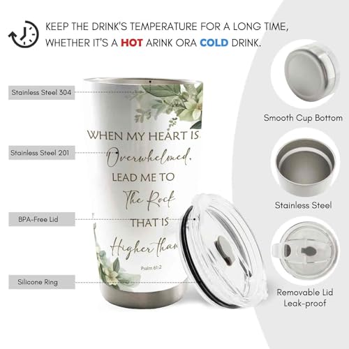 Christian 20oz Travel Coffee Mug Tumbler, Christian Religious Gifts for Women Men, When My Heart is Overwhelmed Bible Verse Stainless Steel Tumbler with Lid and Straw - color: therock