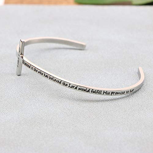 Memgift 𝐂𝐫𝐨𝐬𝐬 𝐁𝐫𝐚𝐜𝐞𝐥𝐞𝐭 Religious Cuff Bangle 𝐁𝐢𝐛𝐥𝐞 𝐕𝐞𝐫𝐬𝐞 Christian Gifts Jewelry for 𝐖𝐨𝐦𝐞𝐧 - style: Silver cuff-Blessed is she who has believed ... to her -Luke 1:45