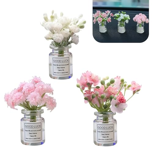 3 PCS Car Dash Flower Ornaments, Cute Mini Cherry Blossom Jasmine Decoration, Natural Simulated 3D Vase Arrangement, Universal Aesthetic Interior Accessory for Girl Women (Multicolored)