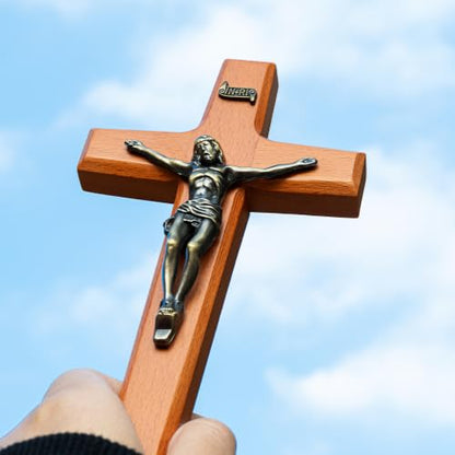 ACHIBANG Crucifix Wall Cross, 6.89" Wooden Catholic Jesus INRI Decor - size: 6.9"L x 3.8"W