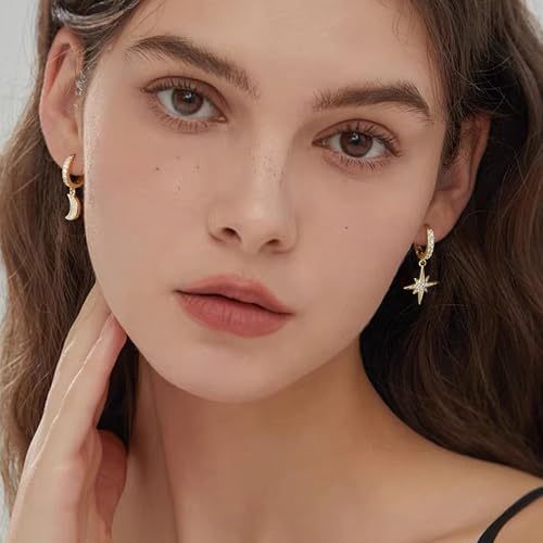 14K Gold Earring Cross Waterdrop Butterfly Heart Knot Earrings for Women Gold Silver Cross Leverback Drop Gold Silver Teardrop Hoop Dangle Earring White Gold Dangle Drop Earring - color: Gold-Moon Star Earrings