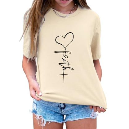 KIEKIECOO Faith Christian Shirts for Women Religious Crewneck Tshirts Cotton Graphic Tees Bible Verse Casual Summer Tops - color: Apricot, size: Small