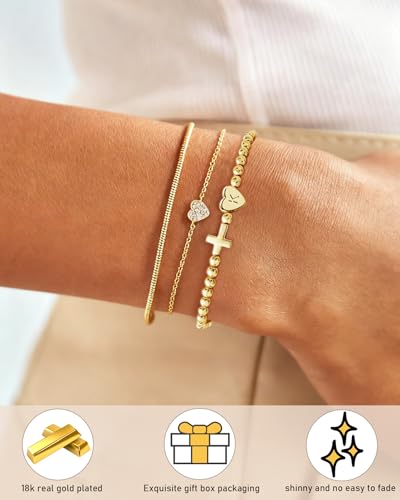 TLY Gold Beaded Bracelets for Women Cross Initial Elastic Stretch Bracelet - color: B
