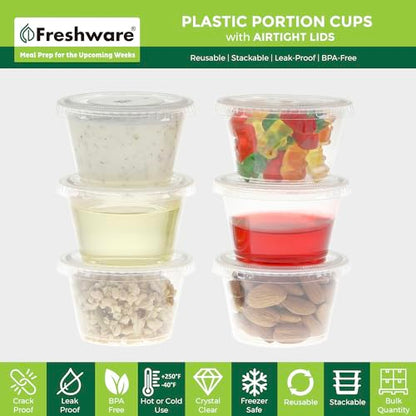 Freshware Plastic Portion Cups with Lids [4-Ounce, 100 Sets] - Souffle, Sampling, Sauce, Snack, Dressing, Jello Shot Cups, Plastic Containers, BPA Free - size: 4 oz - 100 sets