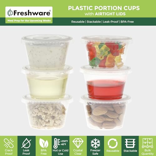 Freshware Plastic Portion Cups with Lids [4-Ounce, 100 Sets] - Souffle, Sampling, Sauce, Snack, Dressing, Jello Shot Cups, Plastic Containers, BPA Free - size: 4 oz - 100 sets