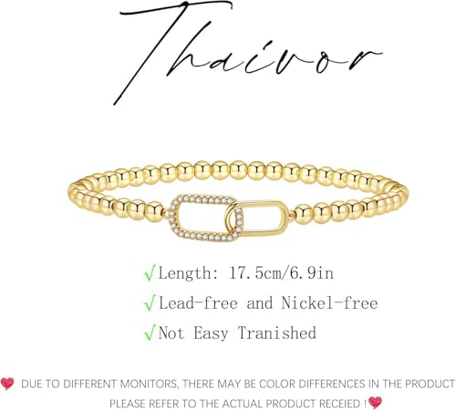 Beaded Bracelets for Women 14K Silver Gold Plated Stretch Handmade Ball Bracelets Cute Charm Bracelet Dainty Stackable Cross Heart Bow Wave CZ Circle Trendy Jewelry Easter Gifts - color: Gold-6
