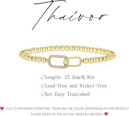 Beaded Bracelets for Women 14K Silver Gold Plated Stretch Handmade Ball Bracelets Cute Charm Bracelet Dainty Stackable Cross Heart Bow Wave CZ Circle Trendy Jewelry Easter Gifts - color: Gold-6