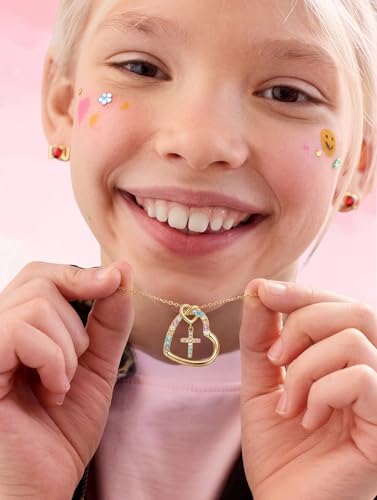 S925 Sterling Silver Cross Necklace for Girls, Baptism First Communion Confirmation Gifts, Pearl Heart Pendant Necklaces, Back to School Graduation Easter Birthday Faith Gift Age: Over 8 Years Old - style: Heart Rainbow CZ
