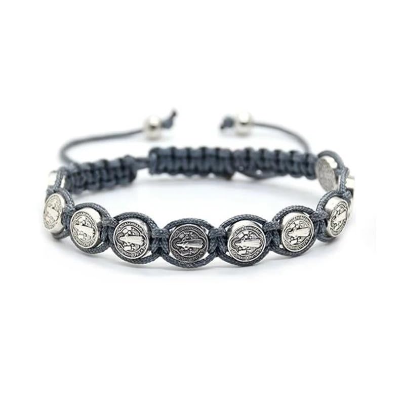 925 Sterling Silver San Benito Bracelet For Women And Men, Catholic Multicolor Bracelet St. Benedict Medal Hand Knitted Knot Coin Beaded Adjustable Religious Prayer Faith - color: Grey - San Benito Bracelet