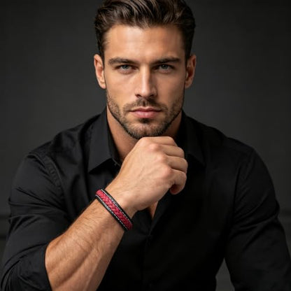 Kim Carrey Italian Handmade Leather Bracelets for Men - color: Black Red, size: 8.6"