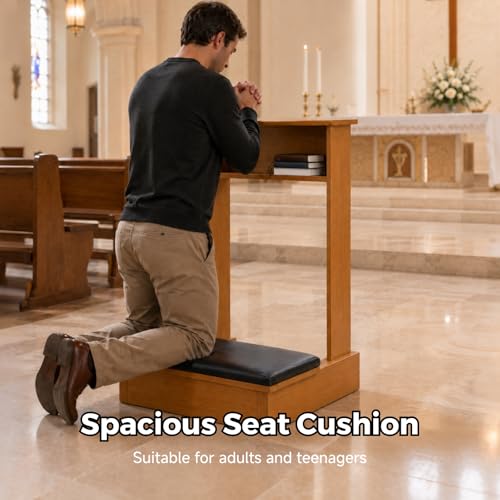 Prayer Kneeler with Book Storage Shelf, Wooden Catholic Prie Dieu Kneeling Bench for Home Altar, Solid Wood Meditation Worship Stool with Thick Padded Cushion(Brown) - color: Brown