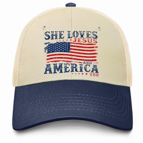 She Loves Jesus and America Too Hats for Womens Soft Washed Distressed Baseball - color: She Loves Jesus and America Toooff-white With Navy Blue Eaves3