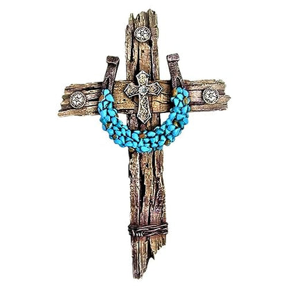 Rustic Drifted Wood Look Wall Cross - Turquoise Decor Horseshoe Wall Art