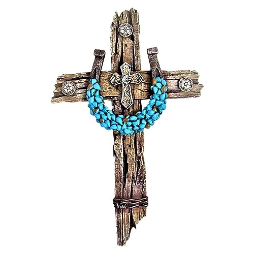 Rustic Drifted Wood Look Wall Cross - Turquoise Decor Horseshoe Wall Art
