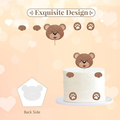 Bear Face Cake Topper, Bear Baby Shower Cake Decor, Brown Glitter Cute Animal Cake Topper for Boy, Beary First Birthday Party Decoration - style: Cute Bear