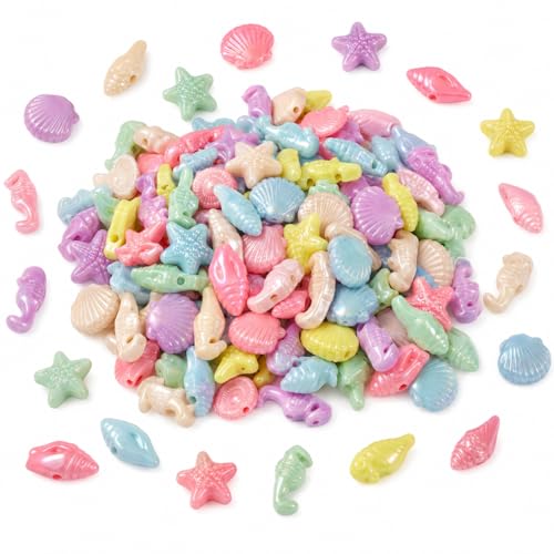 FASHEWELRY 200 Pcs Acrylic Ocean Sea Fish, Cute Marine Organism Sea Star, Shellfish Conch Beads, Candy Color Pony Beads Bulk for Bracelets, Necklaces, Jewelry Making - color: Mixed Marine Organism