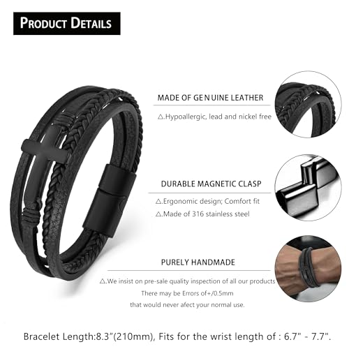 Leather Cross Bracelet Braided Faith Bangle for Men, 8.3 &9.1 Inch - color: 01.Black, size: 8.3in(Fits most wrists)