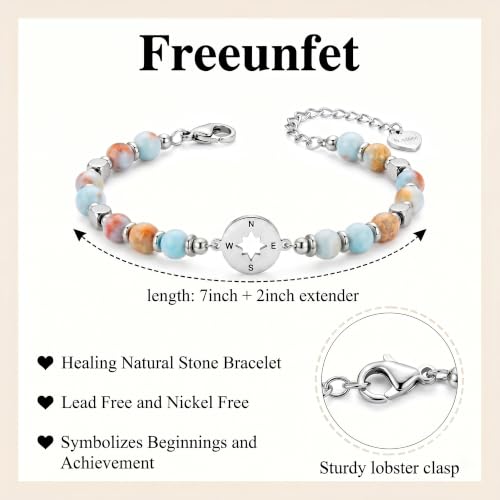Bracelet for Women Natural Stone Beaded, Stainless Steel Charms, Adjustable - color: 11-Compass