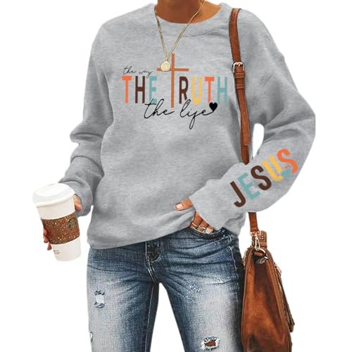 Tuislay Christian Sweatshirt Womens Jesus God Pullover Bible Verse Crewneck Sweatshirts Religious Cross Graphic Shirts - color: Light Gray, size: Small