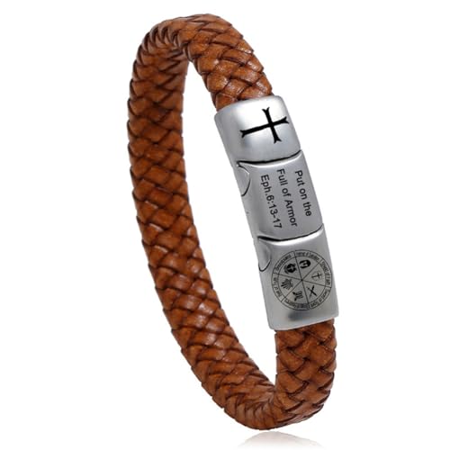 Knights Templar Seal Bracelet for Men,Handmade Leather Put on The Full Armor of God Cuff Bangle Ephesians 6 13-17 Bracelets Faith of Shield Jewelry Amulet Gift for Confirmation,Xmas - color: Light Brown