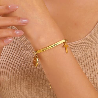 DS Women Christian Charm Bracelet,Cross Scripture Stainless Steel Jewelry - style: A joyful heart is good medicine.-Gold