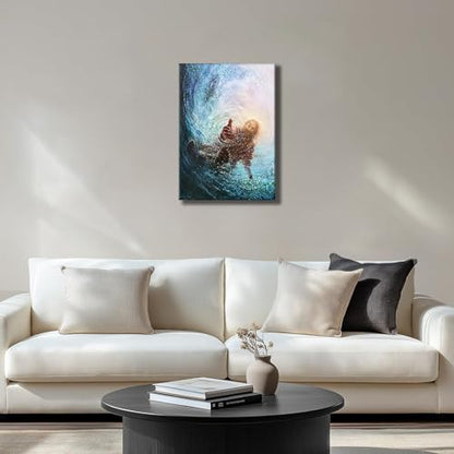 Framed Jesus Reaching Hand Wall Art Christian Canvas Painting of Faith and Rescue Religious Picture Print for Living Room Church Prayer Room Spiritual Poster on Ready to Hang12x16In - color: Jesus1, size: 12x16 Inches