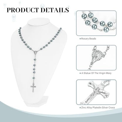 Silver Gray Pearl-Style Rosary Necklace with Metal Gift Box, 8mm, 22 Inch - color: Gray