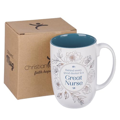 Christian Art Gifts Large Inspirational Ceramic Coffee & Tea Mug for Women - color: Teal Floral/Great Nurse