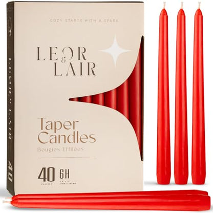 Leor & Lair Red Taper Candles, 40 Pack, 10" Bulk Taper Candles, Unscented - color: Red