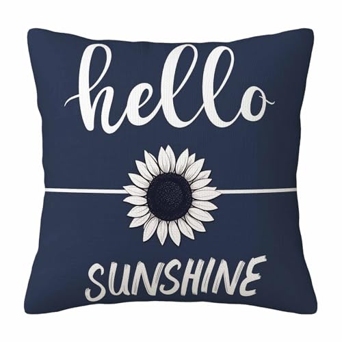 Cheerful Summer Floral Throw Pillow Cover,Hello Sunshine Sunflower Decorative Pillow Case,Navy Blue Background Cotton Linen Cushion Case for Home Decor 18 * 18 Inch - color: Settype08