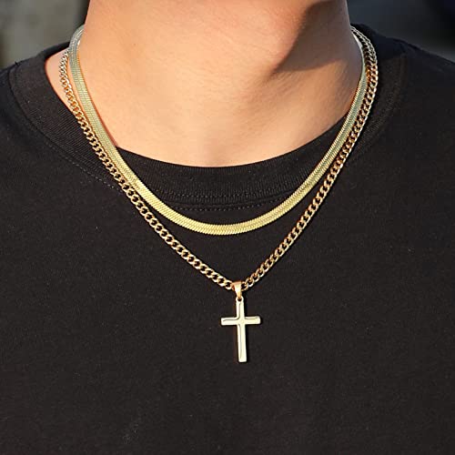 Zocomi Cross Necklace for Men Boys, Stainless Steel Layered Cuban Link Herringbone Chain Cross Pendant Christian Fashion Jewelry Gifts 16-24 Inches - color: Gold, size: 16inch/18inch, style: Herringbone+Cuban