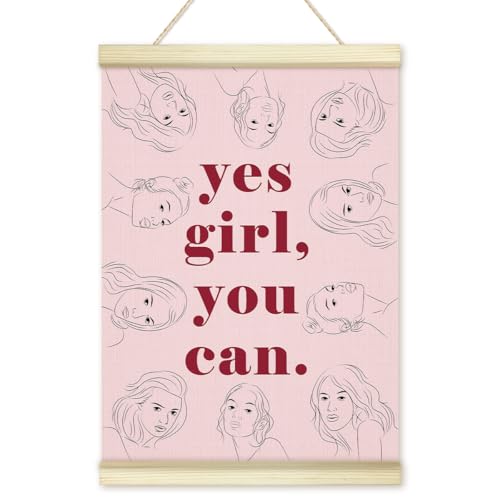 LWBEO Yes Girl You Can Poster Hanger Frame, Motivational Feminist Quote Wooden Canvas Art Print, Pink Positive Wall Art for Home Bathroom Office Decor 12x16in -01 - color: Yes Girl You Can