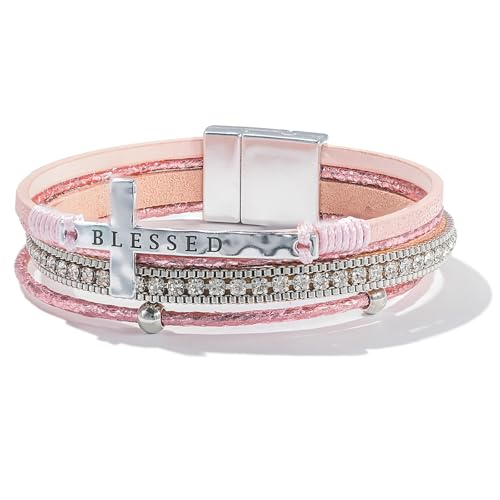 Christian Cross Leather Bracelets Boho Western Blessing Religious Jewelry - color: Pink