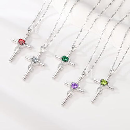 Iefil Cross Necklace for Women - Birthstone Necklace - color: 03-Mar-Created Aquamarine