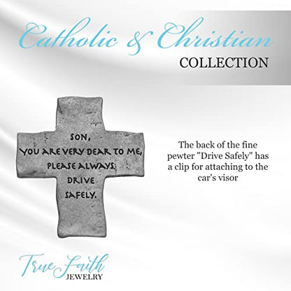 True Faith Jewelry Pewter Son Drive Safely Cross Car Visor Clip, New Driver Gifts from Mom and Dad, Fine Pewter (92% Tin), 2 x 1-3/4 Inch - size: Son