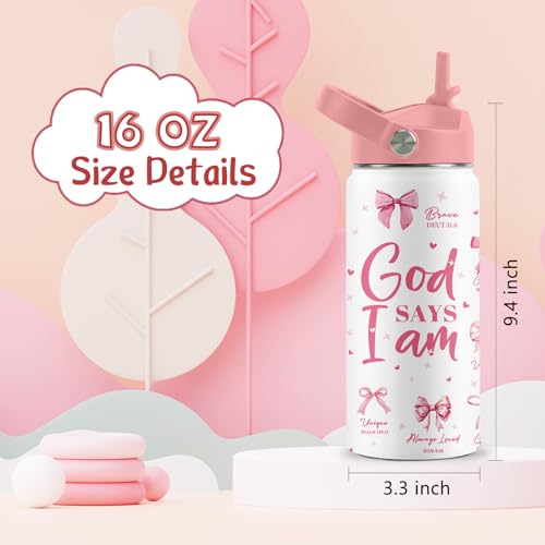 Christian Gifts, Pink Bow Water Bottle with Straw Lid, 16 oz Insulated Stainless Steel, Christian Cups Gifts for Birthday Christmas - color: Christian