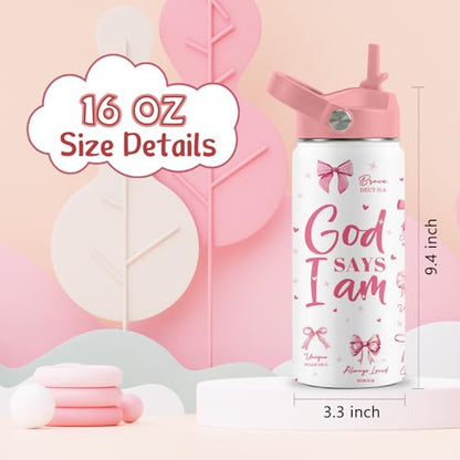 Christian Gifts, Pink Bow Water Bottle with Straw Lid, 16 oz Insulated Stainless Steel, Christian Cups Gifts for Birthday Christmas - color: Christian