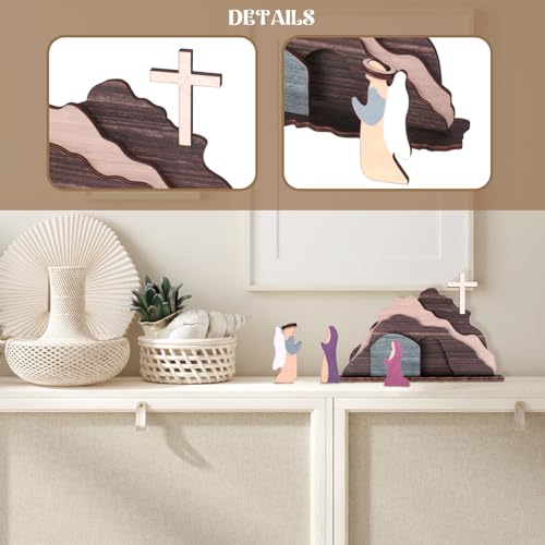 GLLBTPT Easter Decorations Empty Tomb Easter Scene and Cross,Handcrafted Wooden Easter Decorations Jesus for Home Tabletop Office (Scene C)