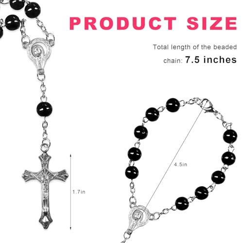 2 PCS Rosary for Rearview Mirror, Religious Cross Bead & Medal Car Rear View Mirror Hanging Ornament, Personalized Rosary Pendant Christian Auto Decoration for Women Men (Black) - color: Black