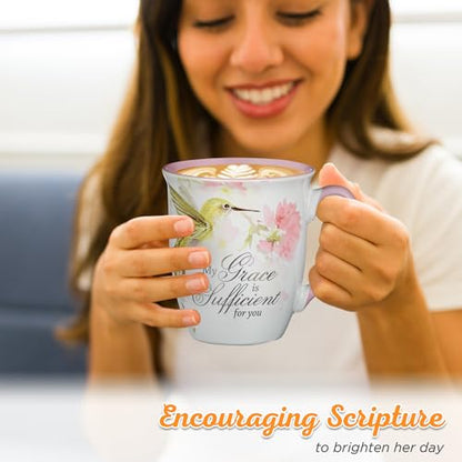 Christian Art Gifts Large Ceramic Inspirational Scripture Coffee & Tea Mug for Women: Grace is Sufficient Silver Bible Verse, Cute Lime Green Hummingbird Novelty Drinkware, White/Pink Floral, 14 oz. - color: Pink/Grace
