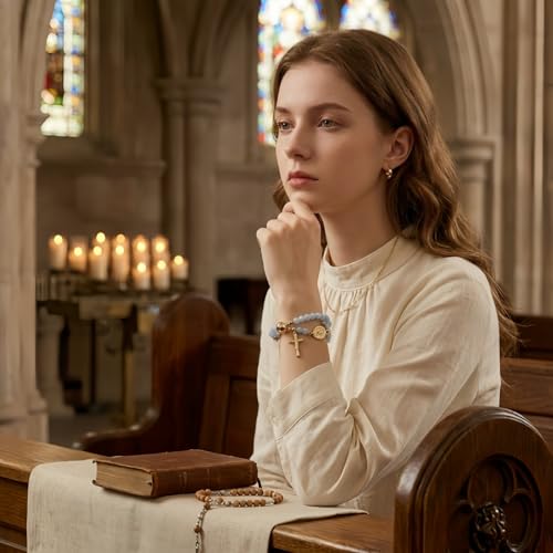 Grace & Faith: Handmade Rosary God Beads Bracelet Virgin Mary Cross Double Layer Chain Crucifix Religious Christian Faith Jewelry - color: Blue Beads