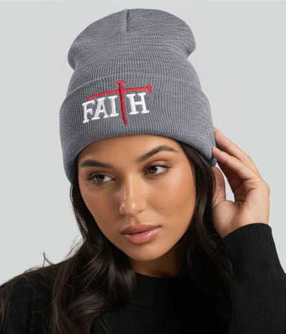 Christian Jesus Cross Beanie - Faith Winter Beanie Hats for Men Women - Religious Gifts for Christmas & New Years - color: Faith-red Cross/Grey