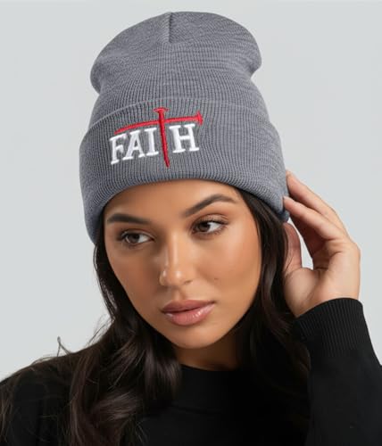 Christian Jesus Cross Beanie - Faith Winter Beanie Hats for Men Women - Religious Gifts for Christmas & New Years - color: Faith-red Cross/Grey