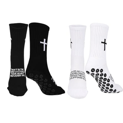 Mikovivi 2 Pairs Cross Grip Soccer Socks with Bible Verses, Anti-Slip Jesus Christian Catholic Football Socks for Men & Women Youth Sports (US Sizes 6-13)