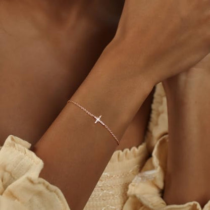Moodear Cross Bracelet for Women, Dainty Sterling Silver/Gold Plated Gift - color: CZ Rose Gold Cross Bracelet