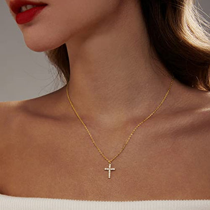 LULII Cross Necklace for Women Dainty 14K Gold Silver Plated Small Cross Pendant Choker Simple Cute Cross Gold Necklace for Women Trendy Faith Jewelry Gift - color: CZ Cross-Gold