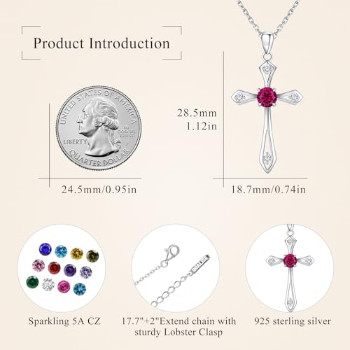 Cross Necklace for Women,925 Sterling Silver Faith Jewerly Gift - color: 07-July-Ruby